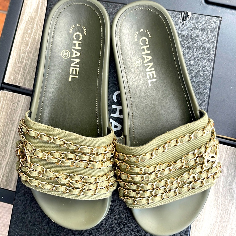 Chanel fabric mules in khaki